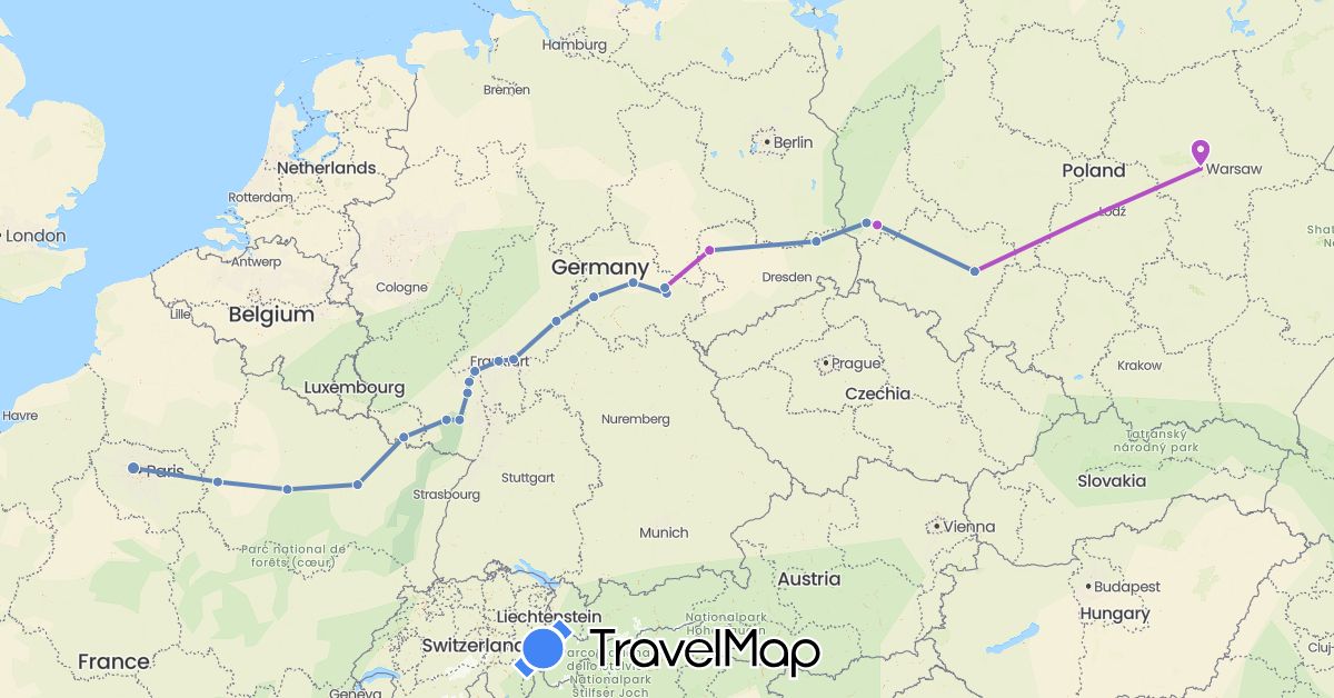 TravelMap itinerary: driving, cycling, train in Germany, France, Poland (Europe)