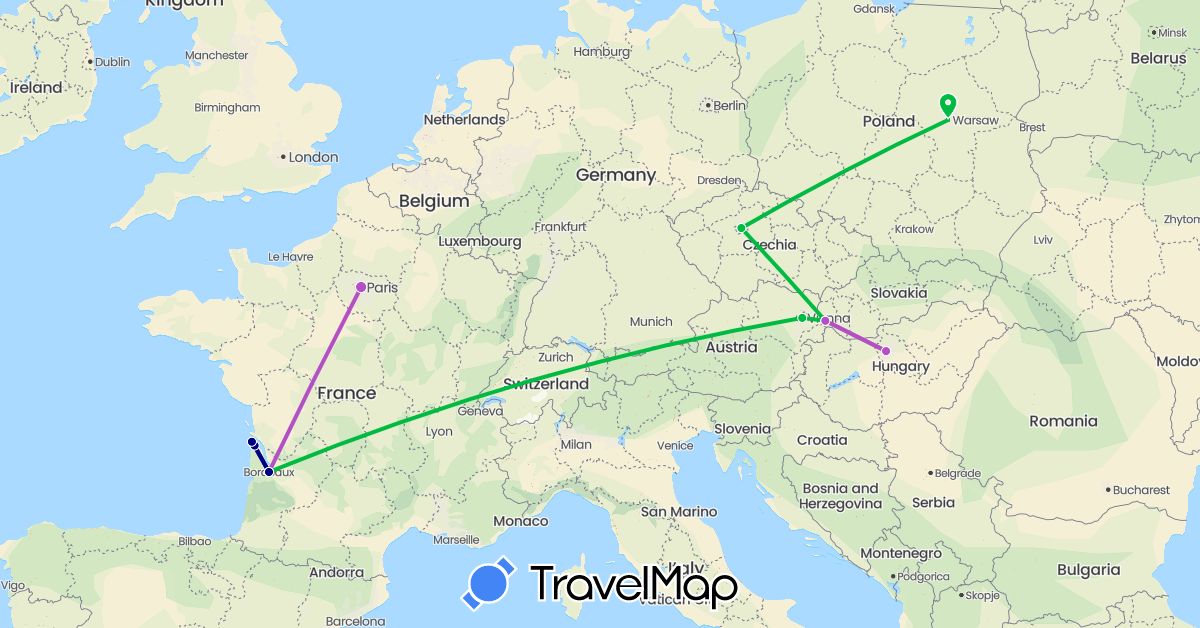 TravelMap itinerary: driving, bus, train in Austria, Czech Republic, France, Hungary, Poland, Slovakia (Europe)