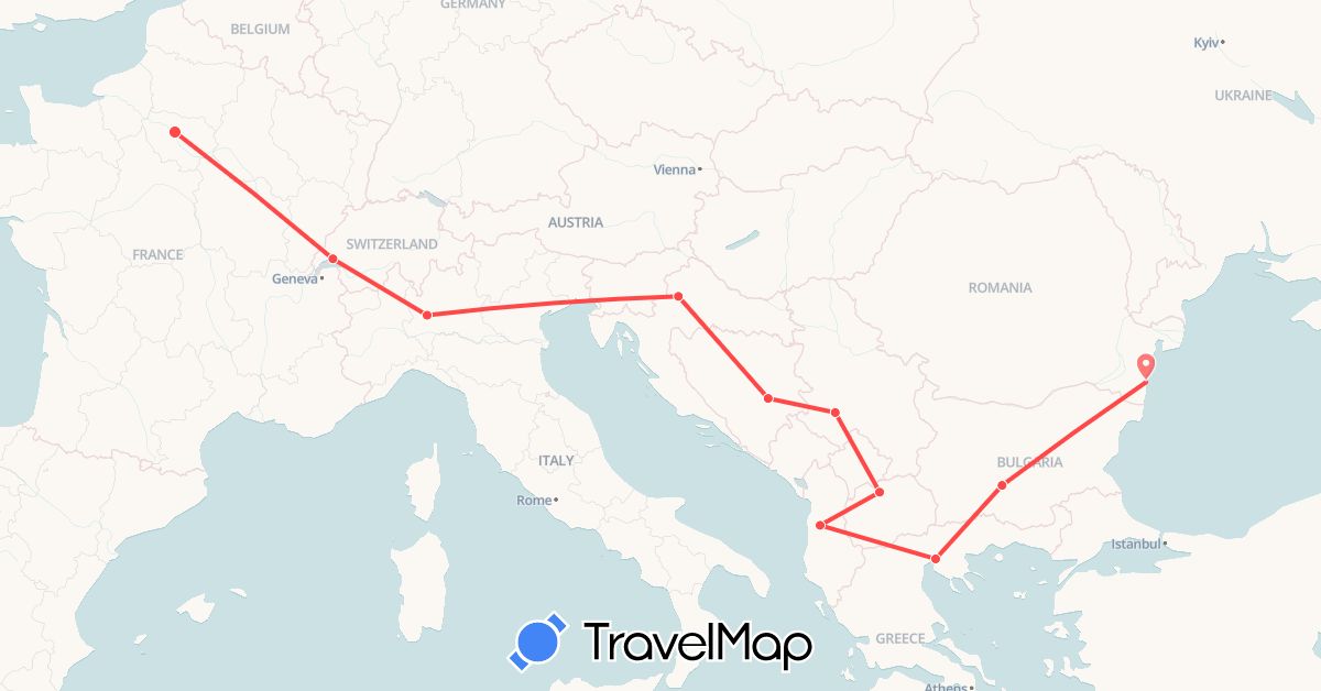 TravelMap itinerary: driving, hiking in Albania, Bosnia and Herzegovina, Bulgaria, Switzerland, France, Greece, Croatia, Italy, Macedonia, Romania, Serbia (Europe)